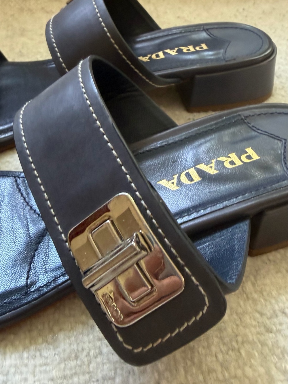 Prada women Dark blue Double-Strap Slide Sandals with Gold Buckles - Picture 3 of 3